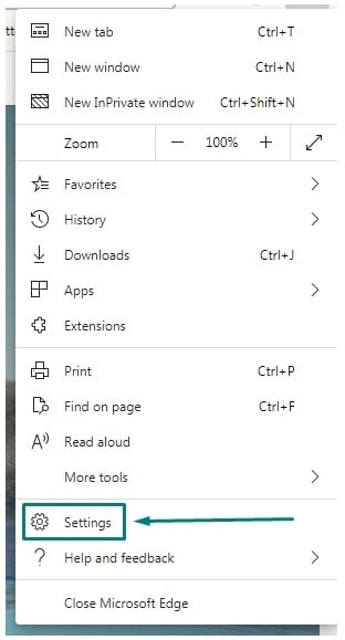 Edge browser menu: Settings highlighted