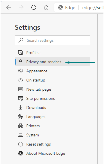 Edge browser Settings menu: Privacy and services highlighted