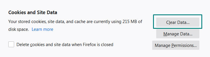 Firefox Cookies and Site Data: Clear Data button highlighted
