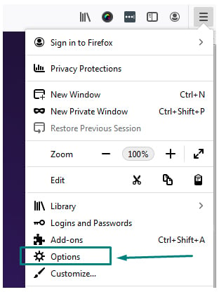 Firefox menu with Options highlighted