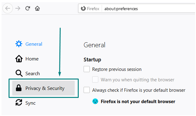 Firefox menu with Privacy and Security highlighted