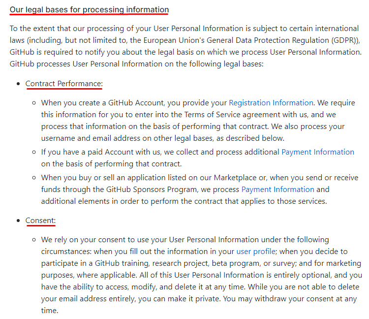 GitHub Privacy Statement: Legal Bases clause excerpt