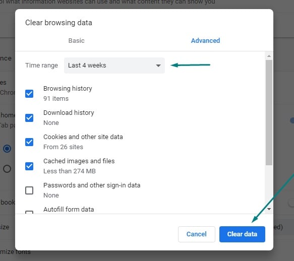 Google Chrome: Clear browsing data - Advanced tab