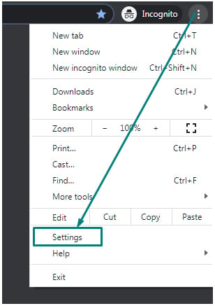 Google Chrome menu with Settings highlighted