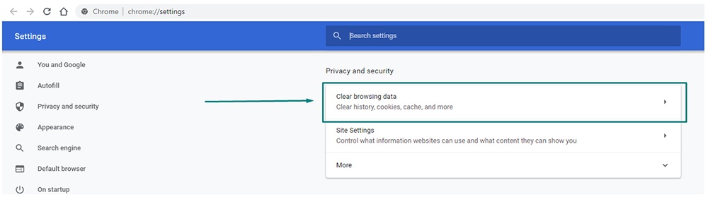 Google Chrome Settings: Privacy and security - Clear browsing data highlighted