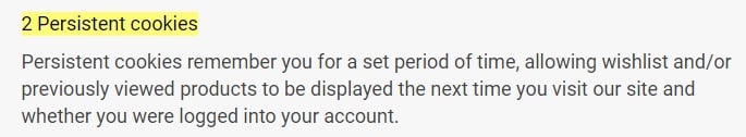 Gymshark Cookie Policy: Persistent cookies clause