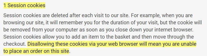 Gymshark Cookie Policy: Session cookies clause