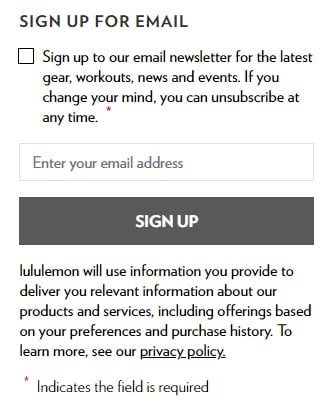 Lululemon email signup form with checkbox and Privacy Policy disclosure