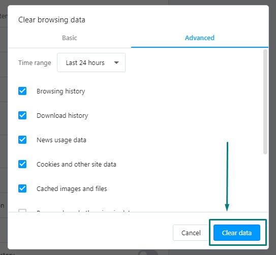 Opera Clear browsing data: Advanced tab - Clear data button highlighted