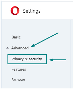 Opera Settings: Advanced - Privacy and Security highlighted