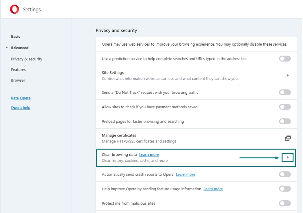 Opera Settings: Privacy and security - Clear browsing data highlighted