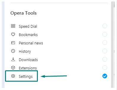 Opera Tools menu with Settings highlighted