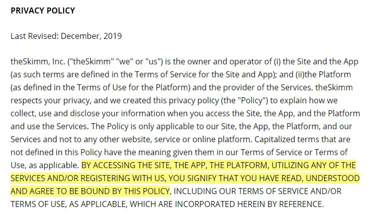 TheSkimm Privacy Policy: Browsewrap clause