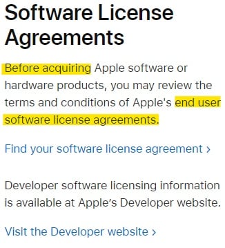 Apple Software License Agreements list link