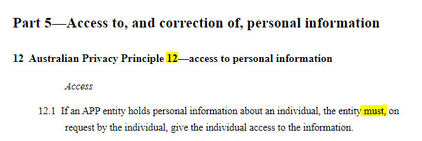 AU Gov Federal Register of Legislation: AU Privacy Act - APP 12 clause