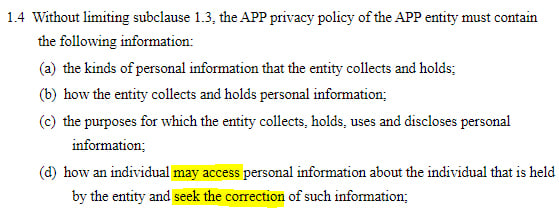 AU Gov Federal Register of Legislation: AU Privacy Act - APP Privacy Policy required contents clause