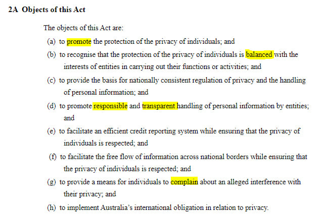 AU Gov Federal Register of Legislation: AU Privacy Act - Objects of this Act clause