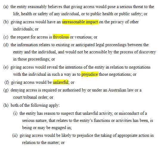 AU Gov Federal Register of Legislation: AU Privacy Act - Reasons to refuse access requests clause