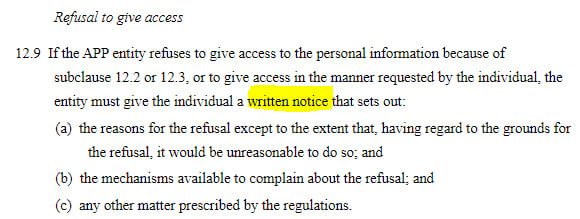 AU Gov Federal Register of Legislation: AU Privacy Act - Written notice when refusing access requests clause