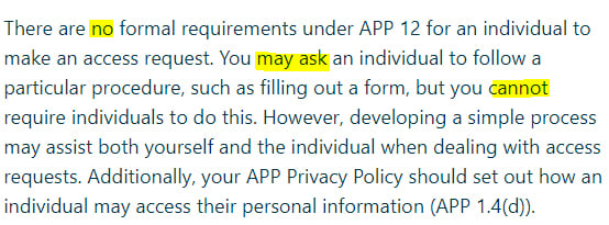AU OAIC: Dealing with Requests for Access to Personal Information - No formal requirements section