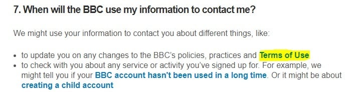 BBC Privacy Policy: Use of information to contact users clause - Terms of Use link highlighted