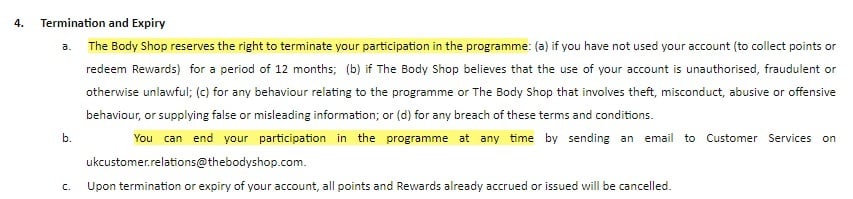 The Body Shop Terms and Conditions: Termination and Expiry clause