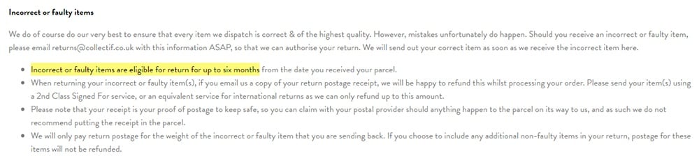 Collectif Delivery and Returns Policy: Incorrect or Faulty Items clause