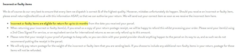 Collectif Delivery and Returns Policy: Incorrect or Faulty Items clause