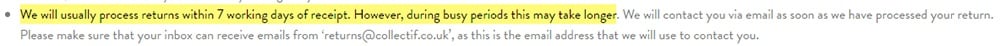 Collectif Delivery and Returns Policy: Processing returns time section