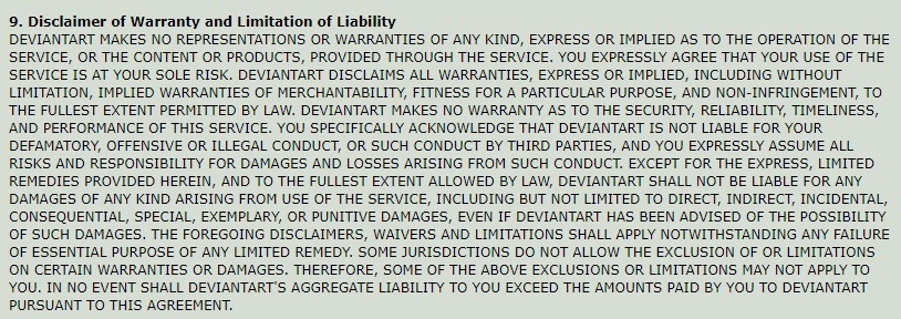 DeviantArt Terms of Service: Disclaimer of Warranty and Limitation of Liability clause