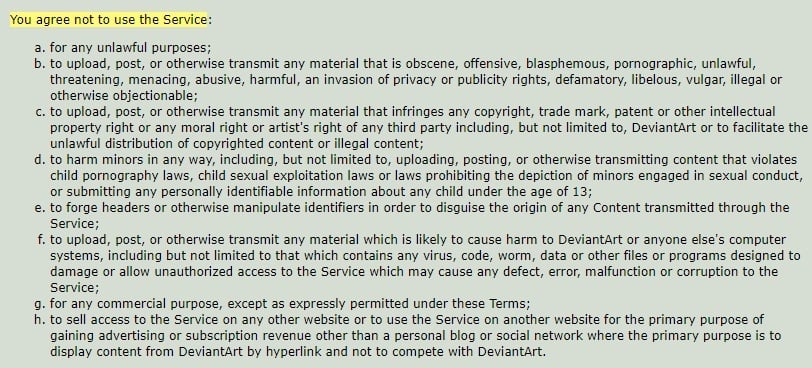 DeviantArt Terms of Service: Prohibited Conduct clause