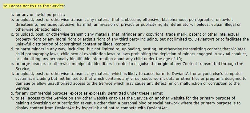 DeviantArt Terms of Service: Prohibited Conduct clause