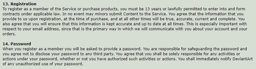 DeviantArt Terms of Service: Registration and Password clauses