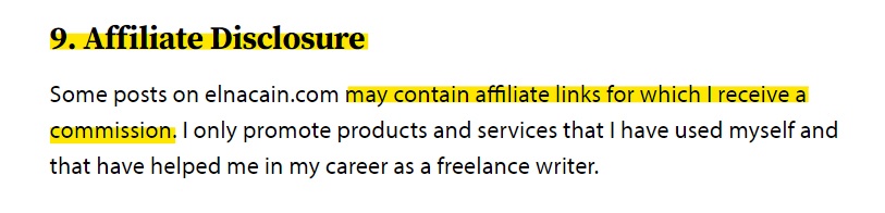 Elna Cain Terms and Conditions: Affiliate Disclosure clause