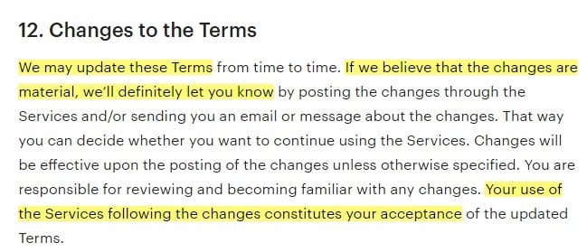Etsy Terms of Use: Changes to the Terms clause