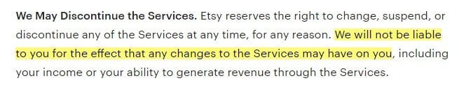 Etsy Terms of Use: We May Discontinue the Services clause