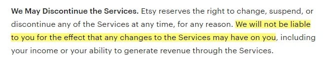 Etsy Terms of Use: We May Discontinue the Services clause