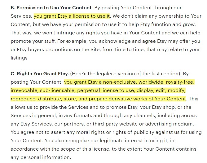 Etsy Terms of Use: Permission to Use Your Content and Rights You Grant Etsy clauses
