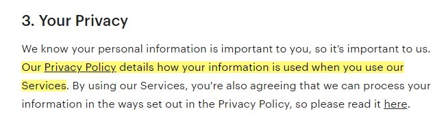 Etsy Terms of Use: Your Privacy clause excerpt