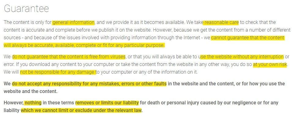 Experian Terms of Use: Guarantee disclaimer clause