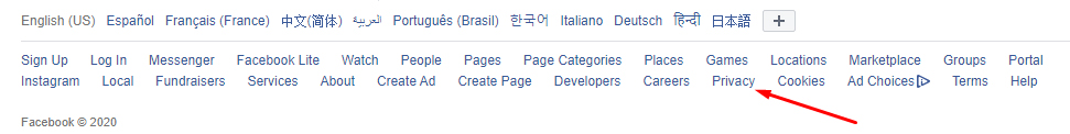 Facebook footer with Privacy link highlighted