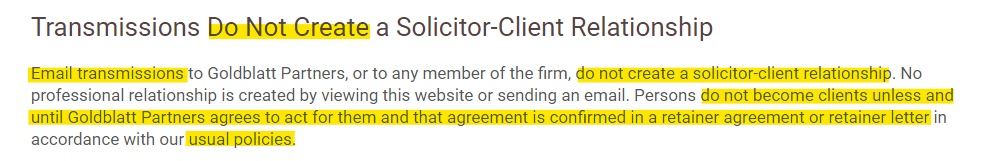 Goldblatt Partners: Solicitor-Client Relationship disclaimer