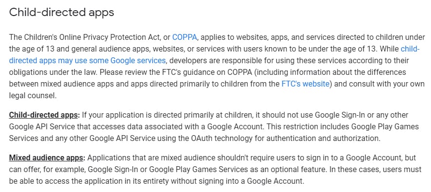 Google API Services User Data Policy: Child-directed apps section