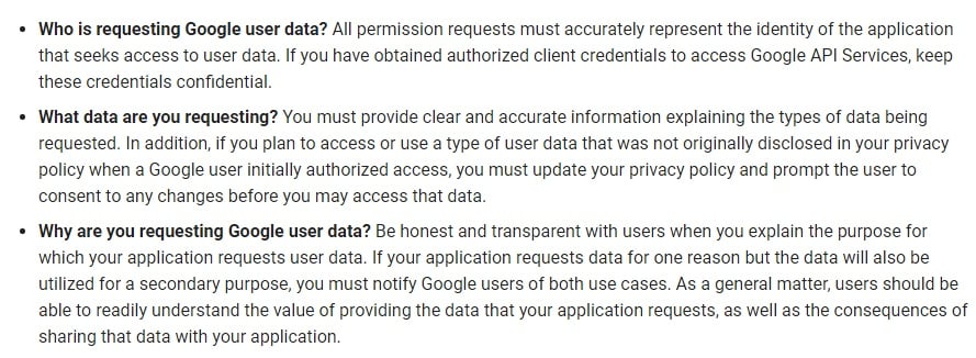 Google API Services User Data Policy: Identity and Intent requirements list