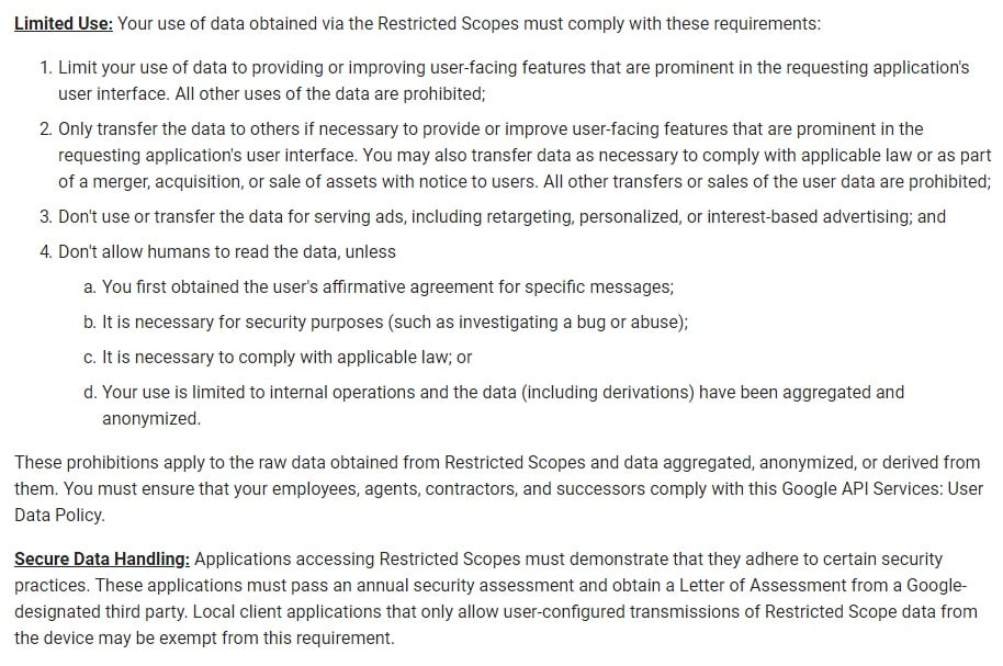 Google API Services User Data Policy: Limited Use and Secure Data Handling sections