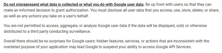 Google API Services User Data Policy: Don't misrepresent data collection or use section