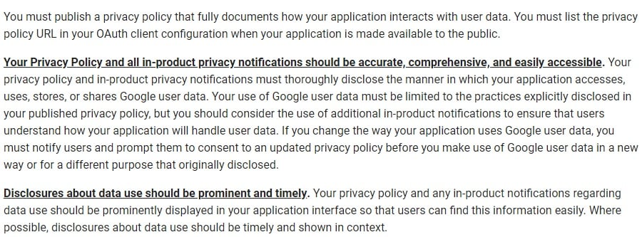 Google API Services User Data Policy: Privacy Policy and Disclosures requirements clauses