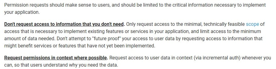 Google API Services User Data Policy: Request relevant permissions section