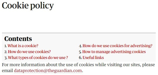 The Guardian Cookie Policy table of contents