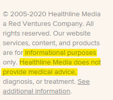 Healthline website footer with medical advice disclaimer